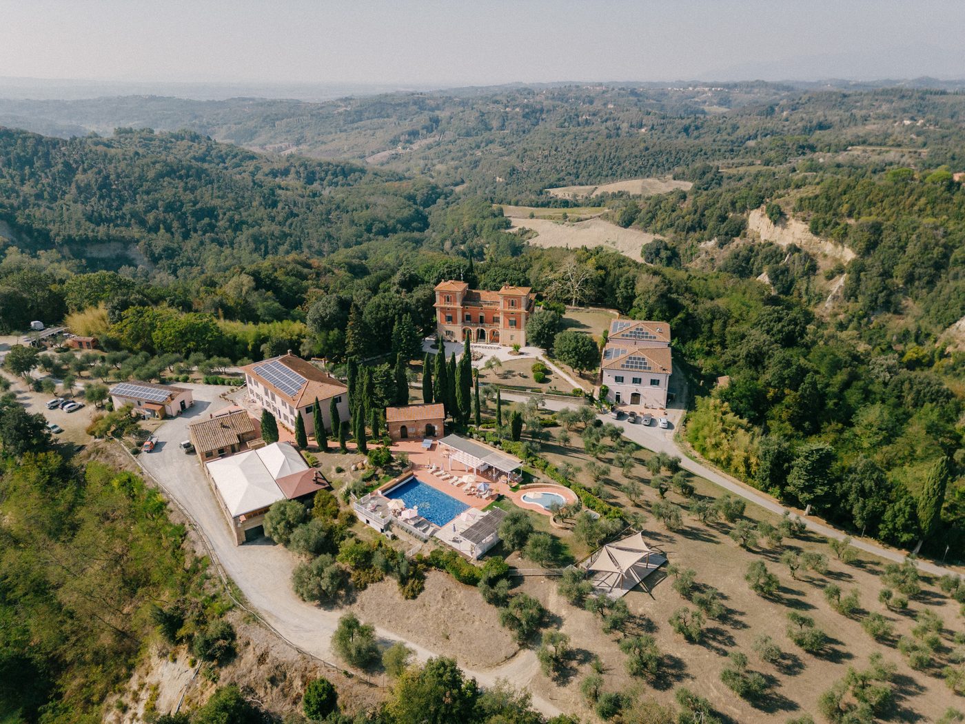 The estate from the air, and the pool