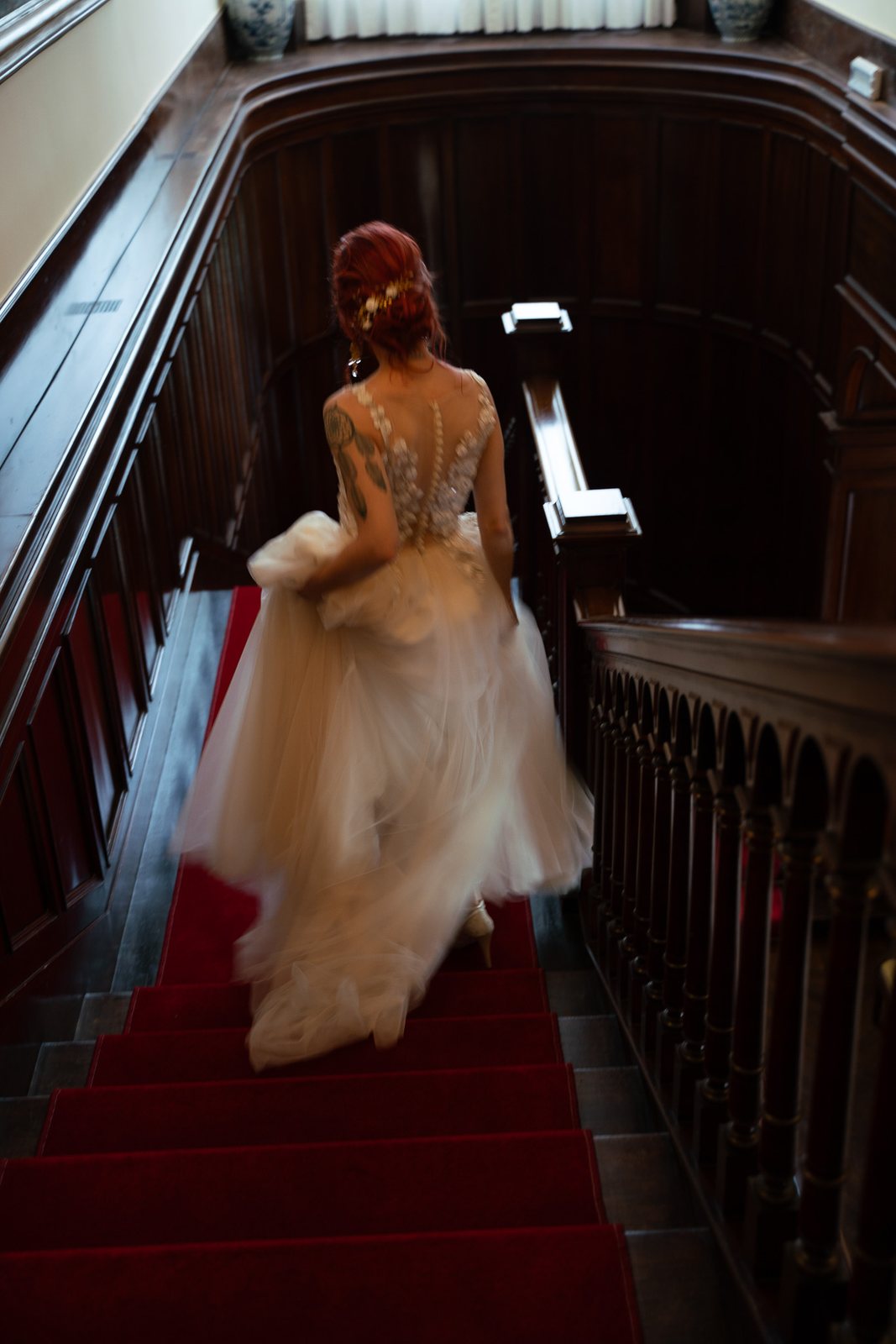 A red staircase, which is the hardest case — before the preset