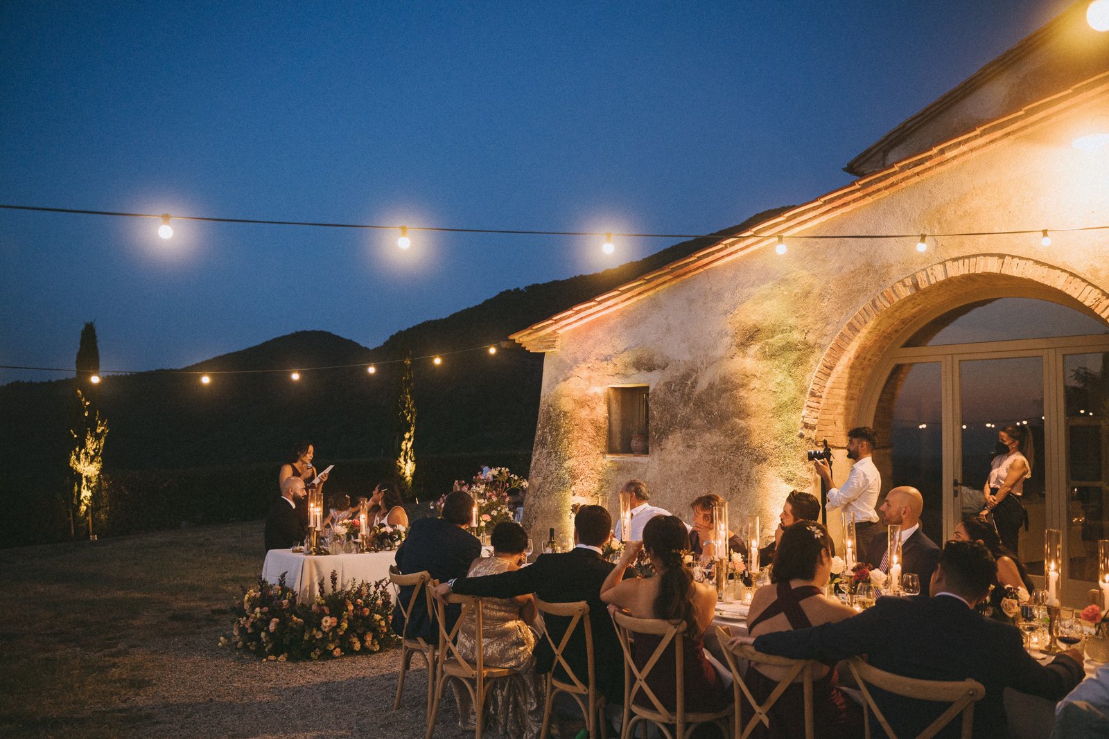 The courtyard, lit