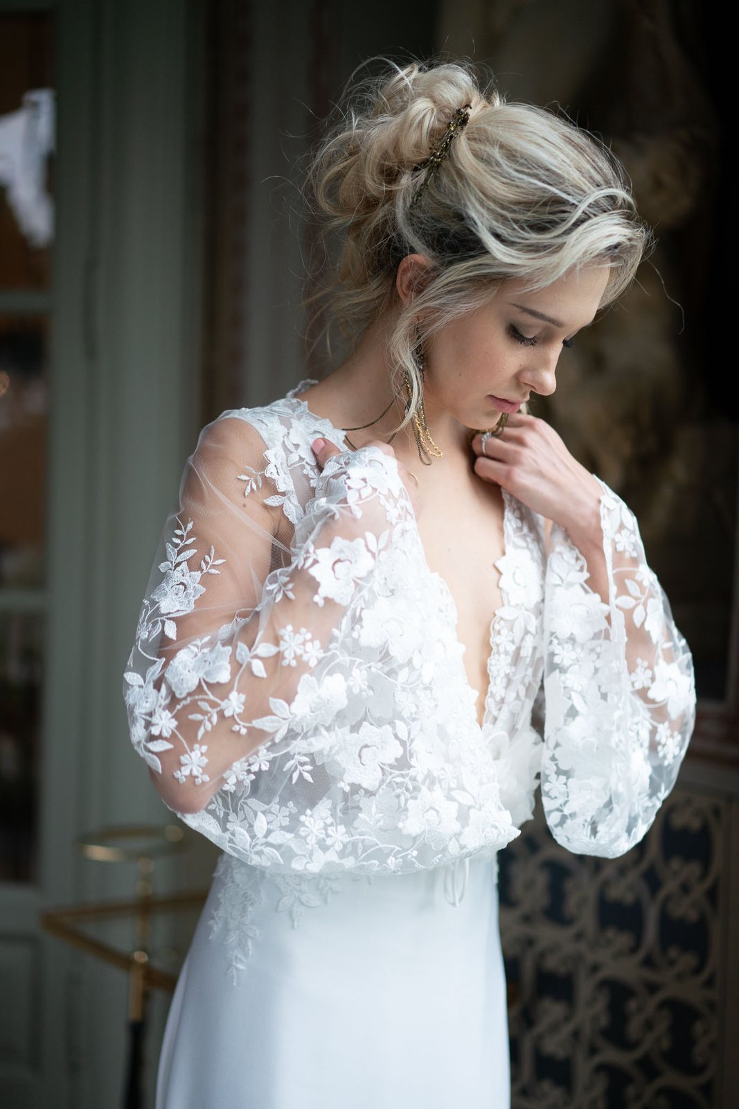 Indoors, window light on lace — before the preset