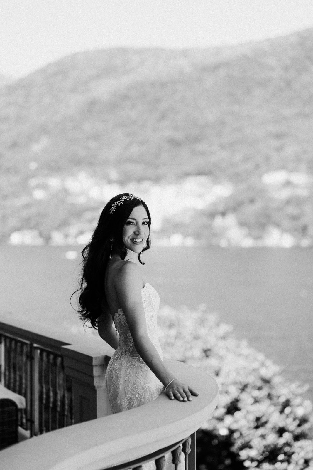 On the stairs, in black and white